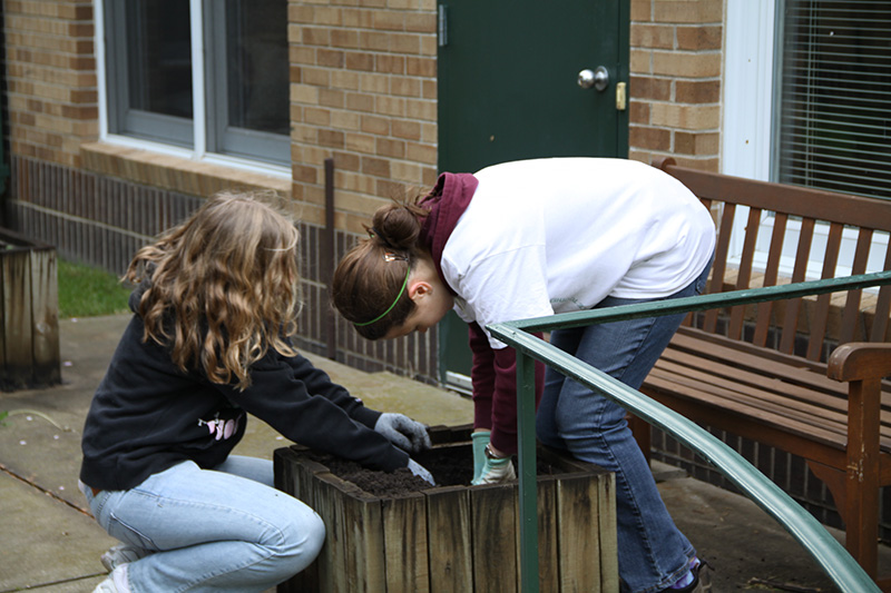 In Chaska, two volunteer girls are potting a plant
